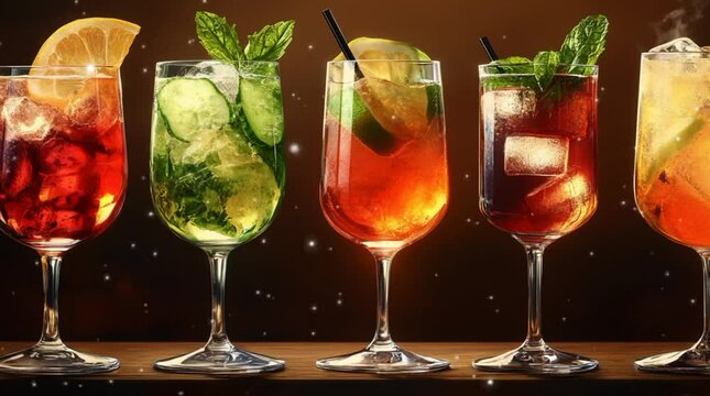 Row of glasses filled with different types of fruit drinks.  lemonades and cocktails. Suitable for beverage concept