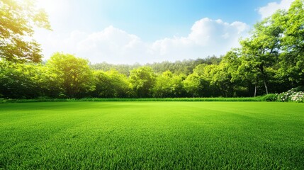 Lush Green Landscape with Vibrant Grass Under Clear Blue Skies Surrounded by Dense Trees and Brightly Lit by Sunlight