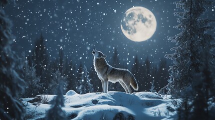 Naklejka premium A lone wolf howls at the full moon in a snowy winter forest.