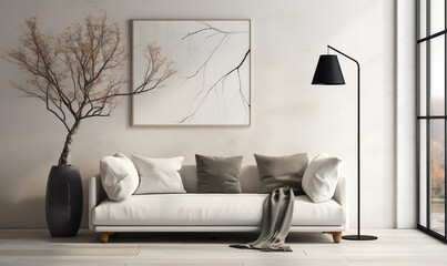 Modern Minimalist Living Room Interior White Sofa Black Floor Lamp Branch Artwork