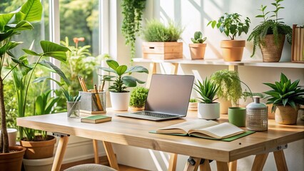 Fototapeta premium A Serene Workspace: A Minimalistic Desk with Natural Light, Green Plants, and Organized Tools for Productive Cleaning and Creative Thinking in a Modern Office Setting