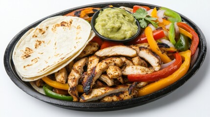 A plate of sizzling fajitas with tender strips of grilled chicken, saut&eacute;ed peppers and onions, and warm tortillas