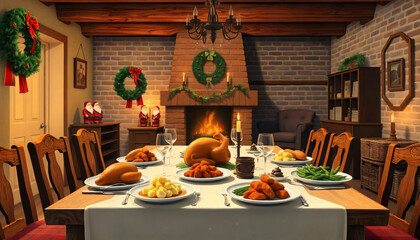 Festive dining room set for a holiday meal with a cozy fireplace and seasonal decorations.