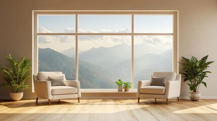 Fototapeta premium Beige home living room interior with two armchairs, sofa and panoramic window