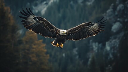 Obraz premium A bald eagle soars through the air with its wings spread wide, above a misty forest.