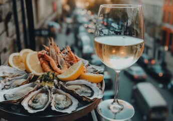 Elegant Seafood Platter with Fresh Oysters and Shrimp Paired with Glass of White Wine Overlooking Busy Urban Street at Sunset