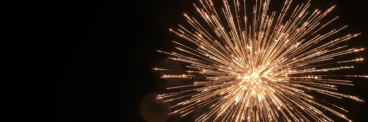 Vibrant golden firework exploding in the dark night sky with bright sparks and trails, night, trails
