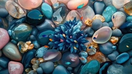 A dazzling aquatic composition featuring colorful, smooth stones scattered in a variety of shapes and sizes, creating a visually captivating underwater scene.
