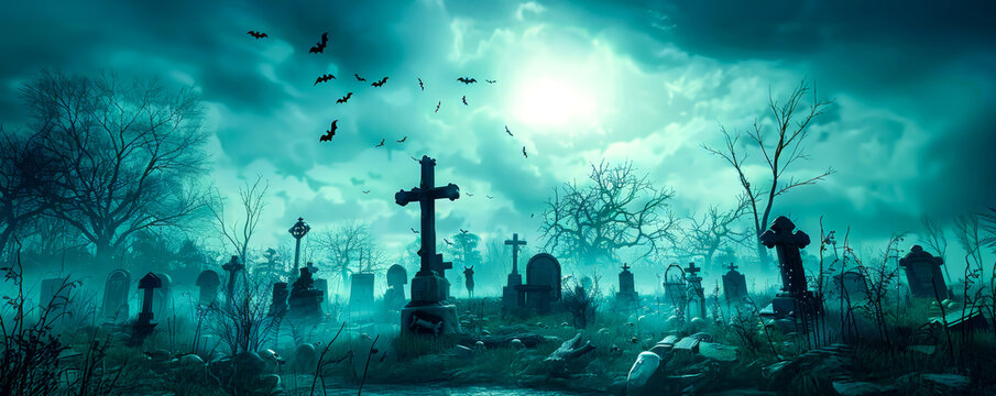 Foggy graveyard at spooky green moonlight