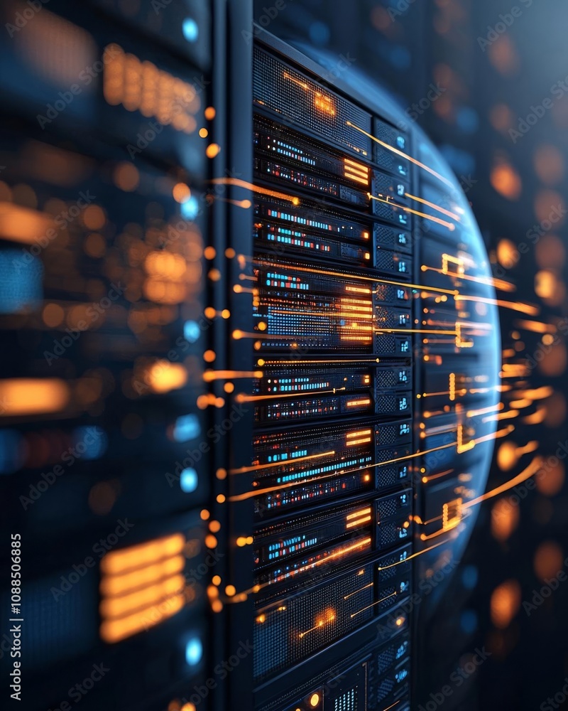 Aufkleber futuristic data center with illuminated servers and glowing network connections.