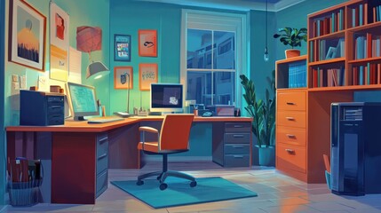 Workplace room, modern Interior, cabinet. Office with computer. Colorful vector illustration in flat cartoon style.