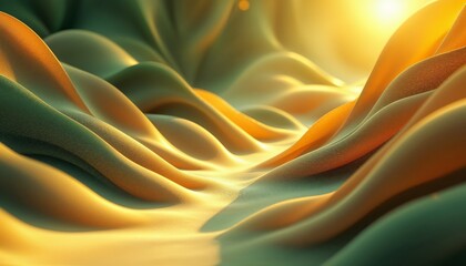 Obraz premium Abstract 3D Render of Wavy Fabric with Golden and Green Hues. Concept of Flowing, Softness, and Luxury.
