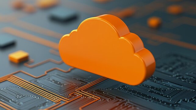 Abstract representation of cloud computing with digital circuits and an orange cloud symbol.