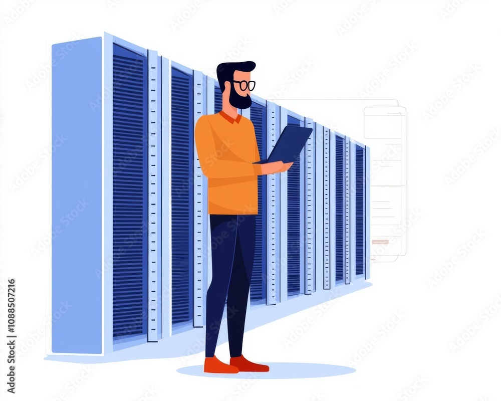 Poster man in glasses checking data on tablet in a server room, modern technology concept.