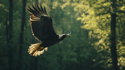A bald eagle in flight, with wings spread wide, against a background of green trees.