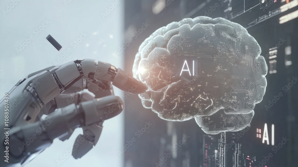 Aufkleber a robot is touching a brain with the word ai on the screen