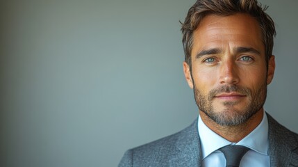 Confident businessman in a gray suit, isolated against a white background.