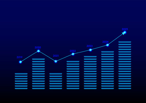 Stock and investment concept. A bar and line graph on a dark blue background. Bullish market, profit of wealth, business growth up. New year goals, vision plan for business in 2025. Economic trend.