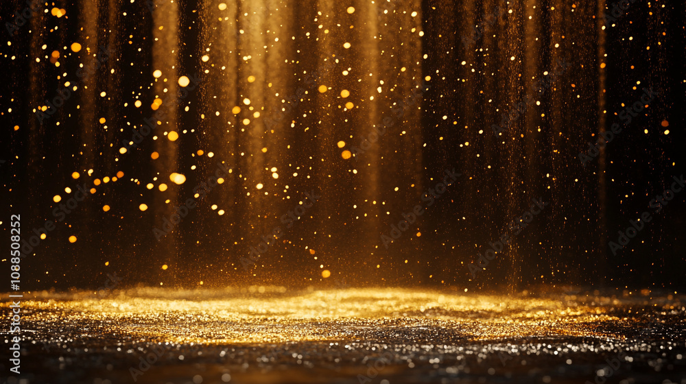 Aufkleber golden particles cascade gracefully in a dark setting creating a mesmerizing atmosphere