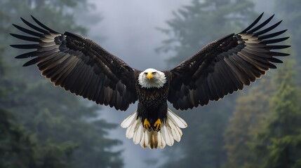 A bald eagle soars through the air with its wings spread wide, above a misty forest.