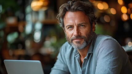 Obraz premium Businessman using a laptop in a modern office setting, seated and looking focused.