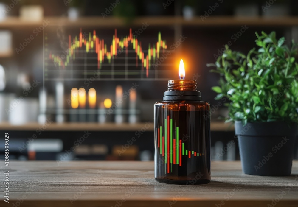 Poster flickering candle with stock market graph in background, creating atmosphere of trading and investme