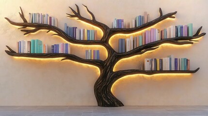 An artistic bookshelf in the form of a tree, extending across a light beige wall with intricate branches made of dark oak, each serving as a bookshelf. 
