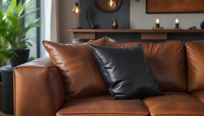 A leather couch adorned with decorative pillows and lit candles, creating a cozy and inviting atmosphere.