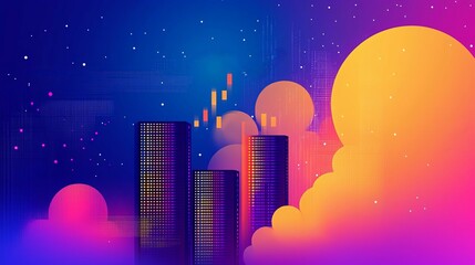 Fototapeta premium A vibrant digital skyline with colorful clouds and abstract data visuals, representing growth.