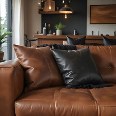 A stylish leather couch featuring plush pillows and flickering candles, enhancing the room's warmth and elegance.
