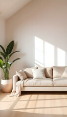 A cozy living room featuring a comfortable couch surrounded by vibrant potted plants, creating a welcoming atmosphere.