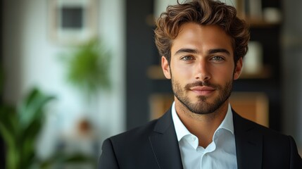 Fototapeta premium Young employee in a black suit, holding a digital tablet, looking at the camera against a white background.