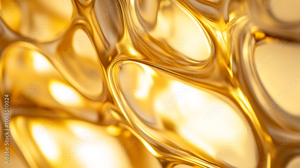 Poster close-up view of a golden abstract texture with fluid shapes and warm light reflections