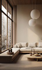 Minimalist Living Room Beige Sofa Wooden Floor Winter View