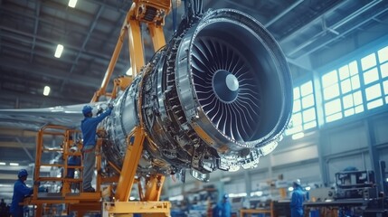 Engine assembly action aviation industry mechanical engineering factory environment close-up viewpoint innovation in technology