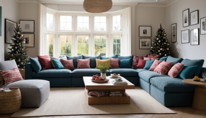 Fototapeta premium modular sofa, festive cushions, family-friendly layout