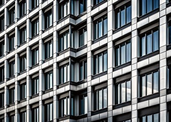 Black and White Windows of a Modern Business Building with Copy Space for Corporate Branding, Showcasing Architectural Design and Urban Aesthetics in High Contrast