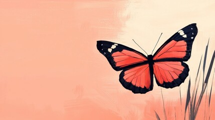 Beautiful illustration of a vibrant butterfly with orange and black wings, delicately resting against a soft peach background, perfect for nature-themed projects and designs.
