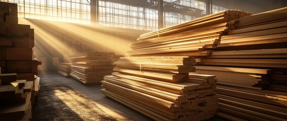 Wooden planks stacked in a warehouse with sunlight streaming through windows, wood industry concept