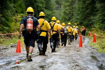 Muddy Path of Firefighters in Yellow Uniforms