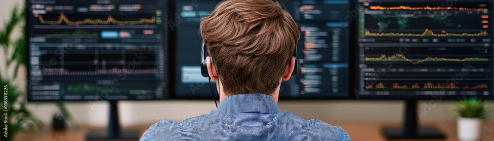 Aufkleber person analyzing financial data on multiple monitors in a modern office setting.