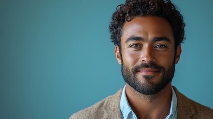 Obraz premium Portrait of a young professional with a laptop, looking confident, isolated against a light blue background.