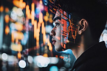 Futuristic Portrait of a Young Asian Man Overlaid with Digital Data Streams