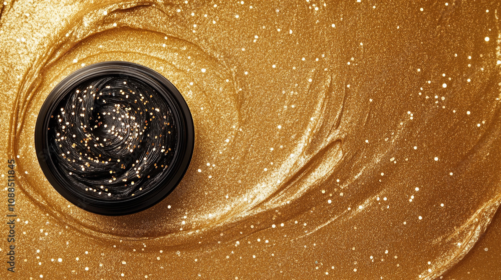 Poster Golden shimmer swirl created with sparkling substance in a circular container