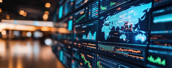 Naklejka premium Professionals monitoring global risks on an array of floating screens, intense focus and immersive business tools