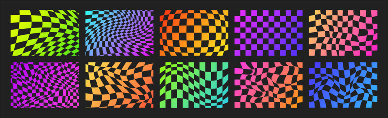 Psychedelic Checkerboard. Neon Groovy hippie 70s backgrounds set. Trippy checkered wallpaper. Retro vector illustration in Y2k style. Funky distorted pattern.