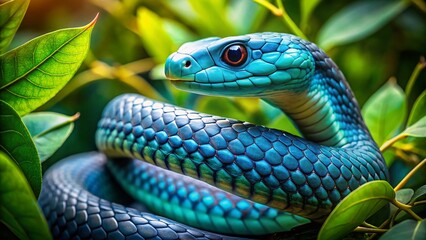 Fototapeta premium Captivating Blue Cobra in Lush Greenery: A Stunning High Depth of Field Image Capturing the Serpent's Vibrant Colors and Intricate Details in Its Natural Habitat