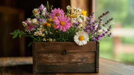 A wooden box filled with a variety of flowers, including daisies and lavender