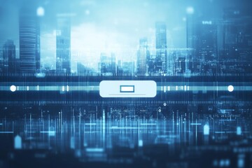 Futuristic Cityscape with Digital Interface Overlay: Abstract Technology Background