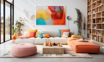 Modern Living Room Interior Design White Sofa Orange Pouf Abstract Art